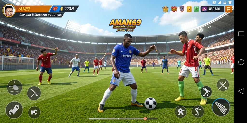 Tampilan gameplay menegangkan dalam AMAN69 saat bertanding di lapangan.