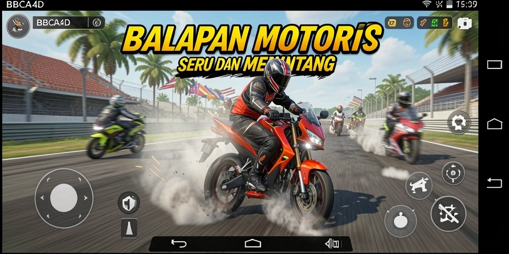 Screenshot gameplay BBCA4D menampilkan balapan motor yang mendebarkan dan seru.