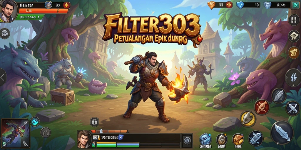 Tangkapan layar utama FILTER303 menampilkan aksi epik dalam permainan RPG.