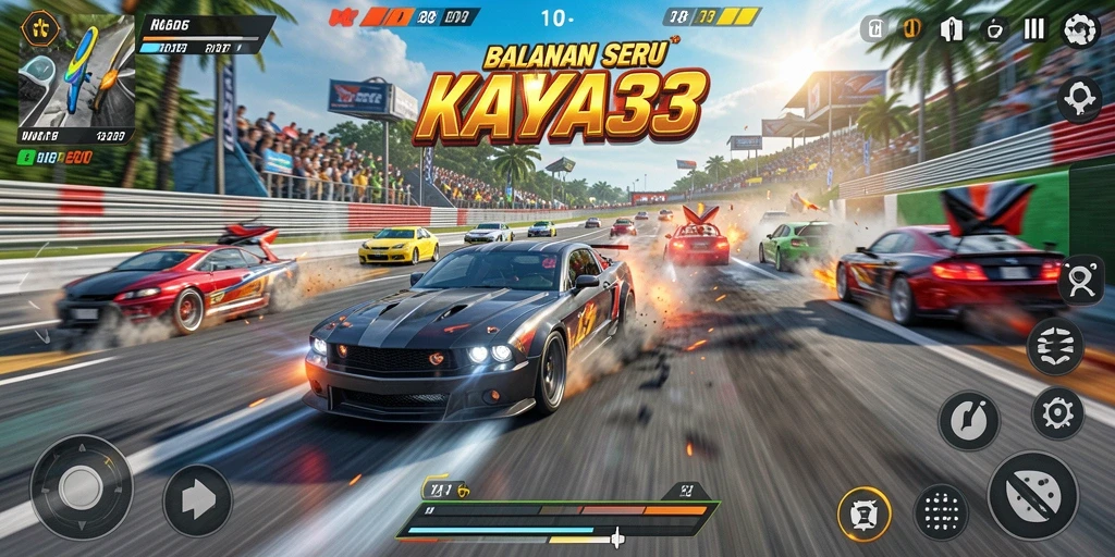 Tampilan gameplay KAYA33 penuh aksi balapan seru dan cepat.