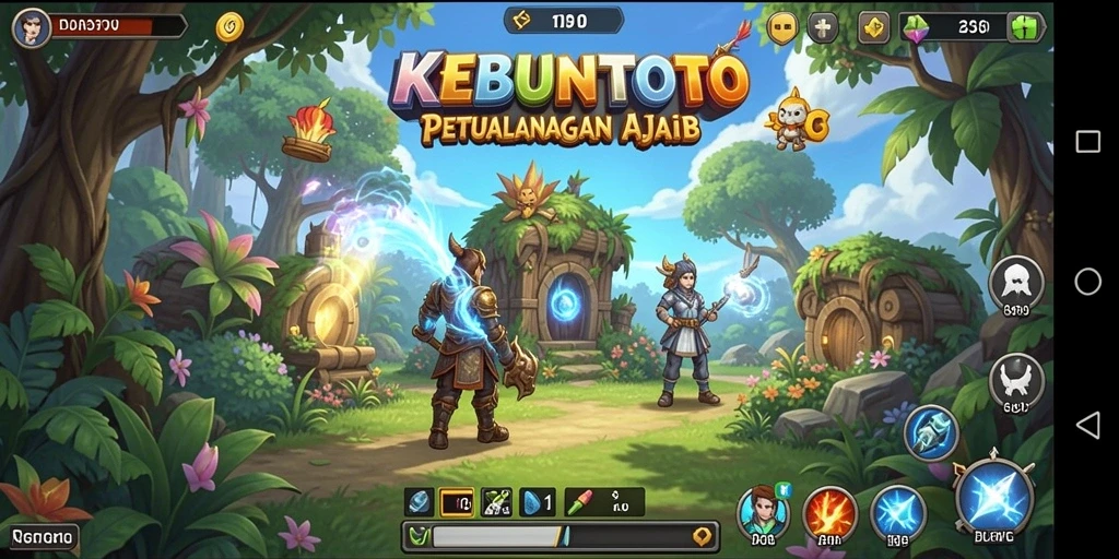 Tampilan gameplay KEBUNTOTO dengan aksi dramatis karakter RPG.